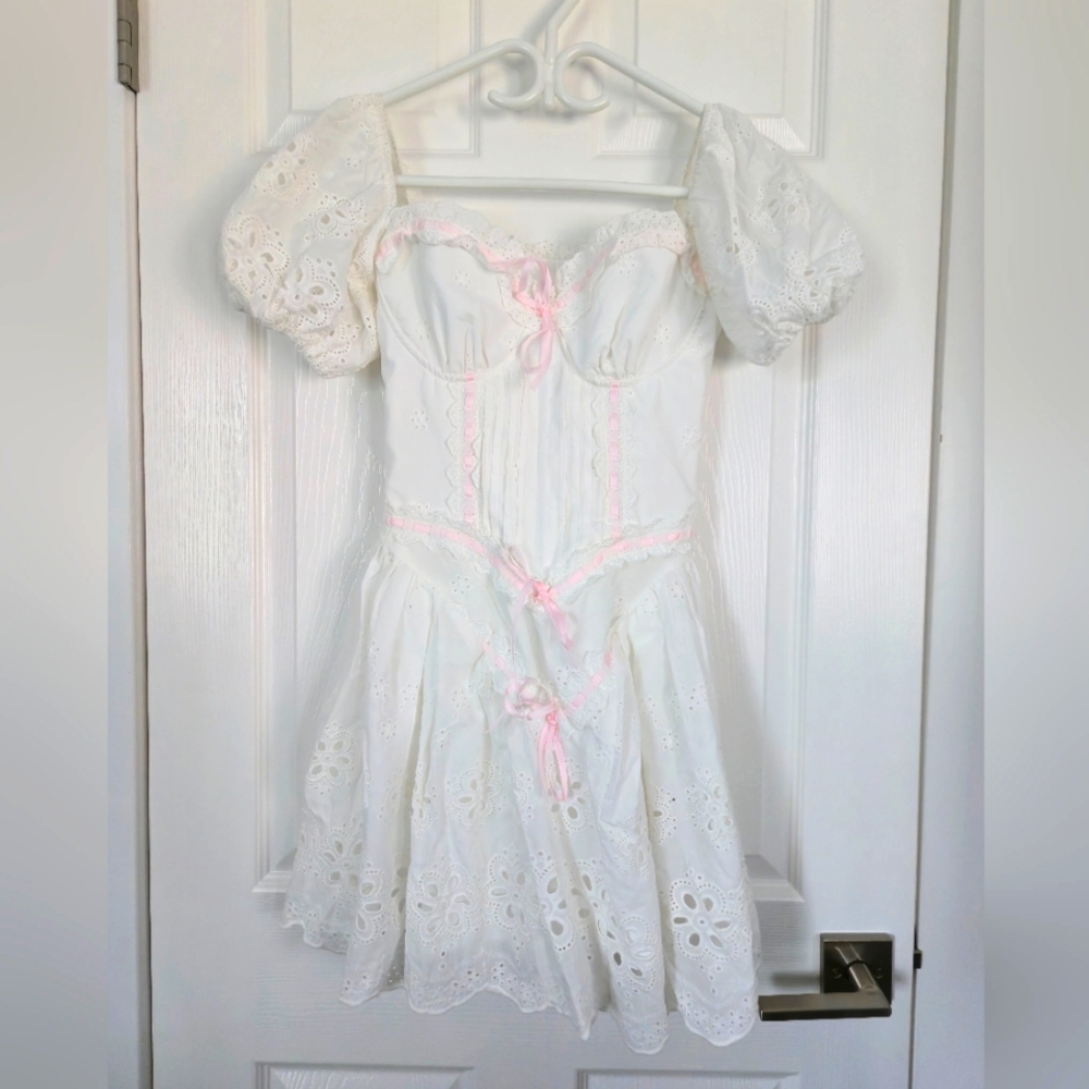White Eyelet Puff Sleeve Mini Dress with Pink Trim